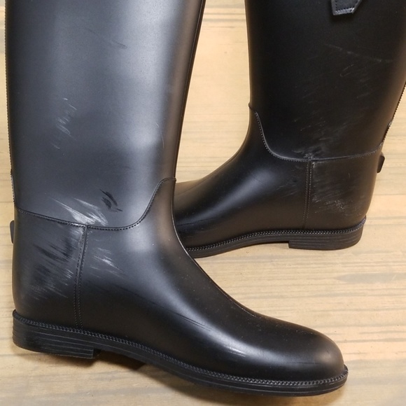 Womens Black Riding Rain Rubber Boots - Picture 7 of 9